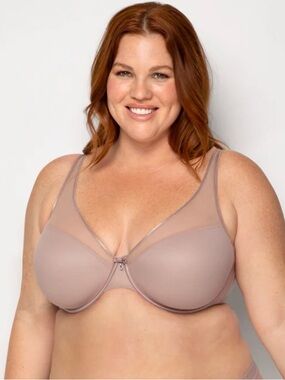 Curvy Couture Women’s Sheer Mesh Plunge T-Shirt Bra 44C Bark Taupe